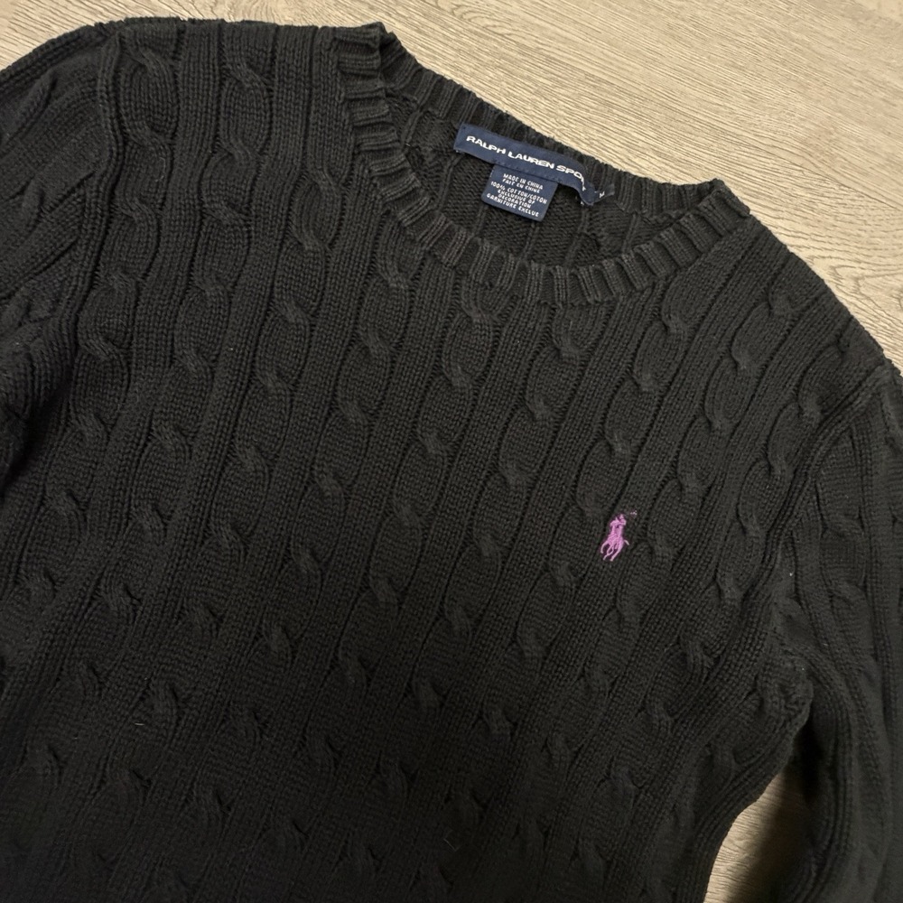 Vintage Ralph Lauren Sport Sweater Womens M Black Cable Knit Purple Pony